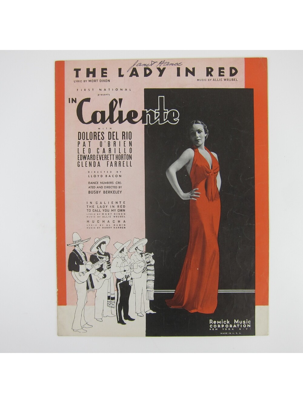Sheet Music The Lady In Red Caliente Dolores Del Rio Pat O'brien Vintage 1935